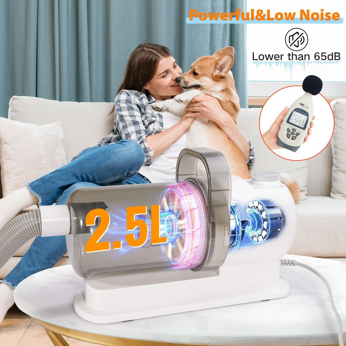 Pet grooming vacuum. 2.5L holding capacity